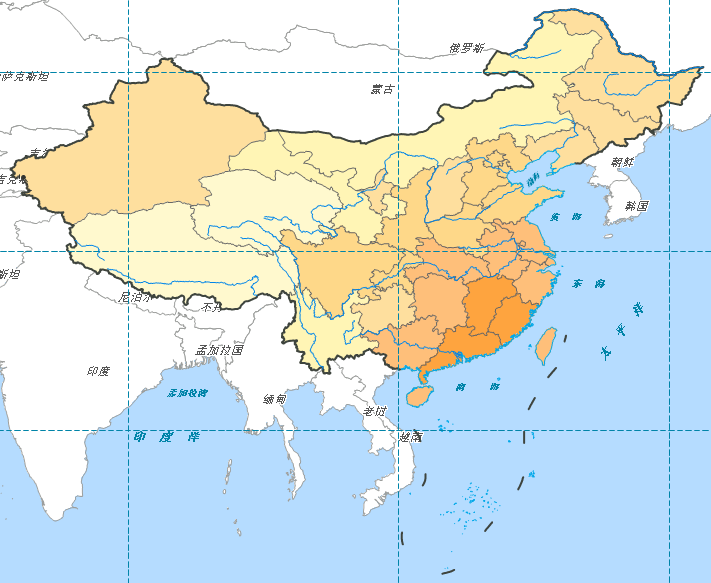 图层管理器中的图层 mapdivision_l 为覆盖中国地域范围的经纬网